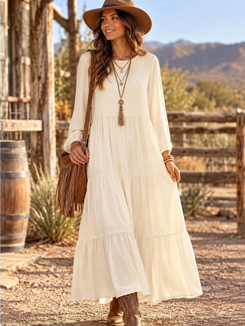 HALIFE Women's Cream Long Sleeve V-back Tiered Maxi Dress XL